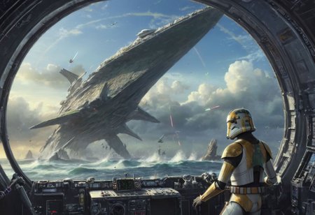 a (solo:1.5) black white lizard with (star wars armor:1.5)  sword on belt  (cockpit instruments view:1.5) inside star-wars style spaceship over (ocean:0.5) (waves:0.5), in the middle of sea, with (apocalyptic:1.5) stars comets meteors burning planet,
dawn, heavy rain, wind, windy, typhoon, hurricane, tropical storm, fog, mountain, sky, cloud, deluge, rainforest, 
(anime:1.5) , anime screencap in mnst artstyle, full body character portrait landscape