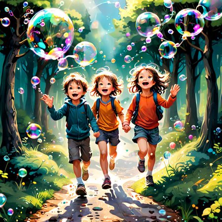 Vibrant and dynamic illustrations and vectors, bursting with color and life, offer viewers a visual feast for the eyes. A playful scene of 2 children chasing after a trail of shimmering soap bubbles, each one a unique and mesmerizing creation. Show faces. These high-quality images are a celebration of creativity and artistry, showcasing the talent and skill of the artist behind them.