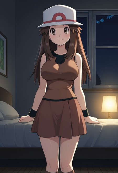 masterpiece, quality,worst, anime screencap,8k,4K, leaf (pokemon),1girl,solo,brown eyes, brown hair, long hair, long hair, hat, brown shirt, sleeveless, wristband, brown skirt, brown socks, brown footwear,large breasts,smile, closed mouth,Interior, room, bed,  dark room, window, night light,cowboy shot,lower body,