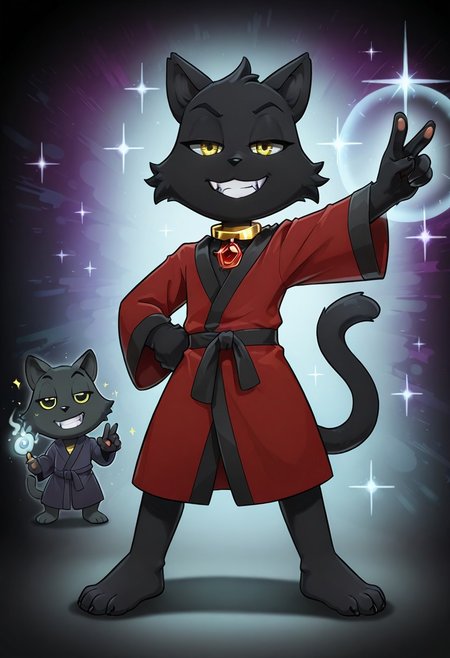 score_9, score_8_up, score_7_up, score_6_up, furry male, solo male, salems, cat, bipedal, cat tail, black body, black fur, cheek tuft, gold eyes, bathrobe, velvet robe with fur lining, (dark red robe with black accents:1.1), chest tuft, gold collar, red gem, half-closed eyes, grin, fangs, black nose, 4 fingers, standing, barefoot, pawpads, detailed face, raised arm, gesture, cocked hip, standing, hand on hip, petite, chibi, 
masterpiece, extreme detail, intricate detail, detailed fur, best quality, looking at viewer, detailed shading, perfect lighting, shadow, magic, sparkle, 
psychedelic background, cgi, IllustriousQual