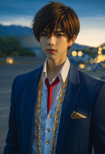 photorealistic, (4k), extremely detailed, hyper detailed, high resolution, professional photography, best quality, 1boy, solo, male focus, easynegative, outdoor, 3/4 body, casual, Negative prompt, seiya kanie, necklace, white dress shirt under a dark blue jacket with golden accents, gold aiguillettes worn on the right shoulder, a red tie, gray pants, and a red armband on it around his left arm.