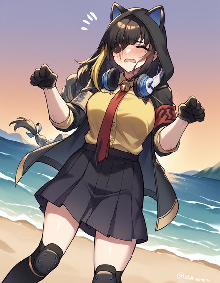 score_9, score_8_up, score_7_up, source_anime, <lora:girlsfrontline-m16a1-ponyxl-lora-nochekaiser:1>, m16a1, black hair, long hair, black eyes, streaked hair, yellow hair, bangs, braid, braided ponytail, eyepatch, mole, mole under eye, scar, scar on face,, armband, asymmetrical legwear, black gloves, black jacket, black legwear, black skirt, buttons, gloves, headphones, headphones around neck, hood, hooded jacket, jacket, knee pads, necktie, skirt, strap, unevent legwear, shirt, yellow shirt, hood down, mature female, medium breasts,, beach, sunset, walking along shore, footprints in sand, waves, peaceful, , <lora:sad-cat-dance-ponyxl-lora-nochekaiser:1> sad cat dance, sad cat dance (meme), dancing, paw pose, palms together, bouncing breasts, neck bell, cat ear hairband, fake animal ears,, blush, closed eyes, embarrassed,, cowboy shot, looking at viewer,, looking at viewer, solo,, dutch angle, cowboy shot
