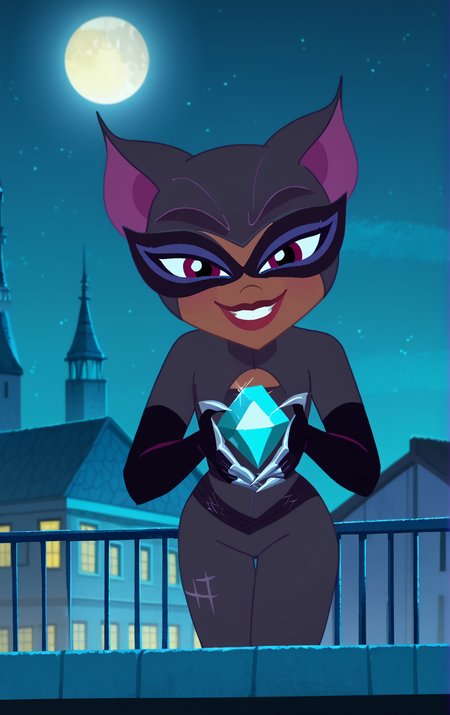 ((score_9)), score_8_up, ((high quality)), ((masterpiece)) BREAK
  DCSG Style, SelinaK, Catwoman, looking at viewer, smiling, good anatomy, five fingered hands, rooftop, night, moon, holding diamond<lora:DC_Superhero_Girls_2019:0.8>,<lora:pony_good_hands:0.8>