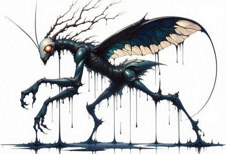 side view of a white mantis insectoid entity dripping black oil standing in fight pose on white background, obsidian smooth mask, wings like stained glass, limbs twisted like vines, with a chitinous and liquid texture, dynamic pose — dripping, high contrast, nightmare beauty, OBxiaoxiang, R3alisticF, G0thicL1nes
