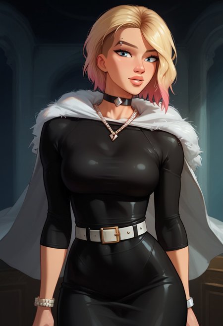 score_9, score_8_up, score_7_up, GwenstacySDXL,, gwen stacy, short hair, blue eyes, blonde hair and pink hair, bicoloured hair
, piercing, asymmetrical hair, eyebrow piercing,  blue eyes, 1girl, pale skin, light-skinned female, medium breasts, (tight dress:1.2), covered naval, covered neck, (covered shoulders:1.2), covered legs, covered breasts, luxury product style, girl, bracelet, jewelry, choker, bracelet, bow, necklace, elegant, sophisticated, luxurious palace, professional, highly detailed, (cowboy shot:1.2), (black dress:1.1), cloak, belt, coat), sfw:1.1, <lora:Balenciaga Dress -BruceTaVN:0.8>