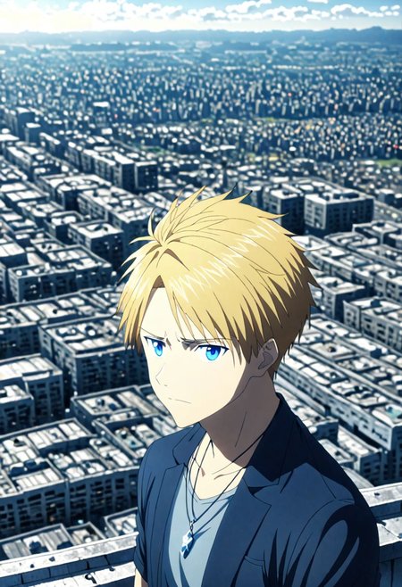 high resolution, solo, best quality, 1Boy, Yamato Ishida, Blond Hair, Blue Eyes, Necklace, high-rise, top of building, landscape, depth of field, OverallDetail