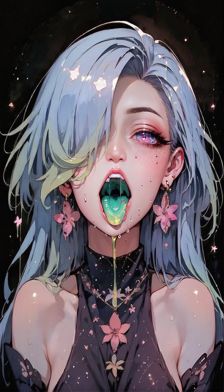 (score_9, score_8_up:1.1), score_7_up,    masterpiece, best quality, highly detailed, 1 girl, solo, glowing eyes, glowing hair, bedroom eyes, jewelry, earrings, hair over one eye, looking down, open mouth, tongue out, green saliva, glowing hair, green hair, liquid hair, colored tongue, simple background, black background, green theme  <lora:Expressive_H-000001> expressiveh  <lora:Gothic Art 2 Style SDXL_LoRA_Pony Diffusion V6 XL:0.8> <lora:g0th1cPXL:0.8> g0thicPXL