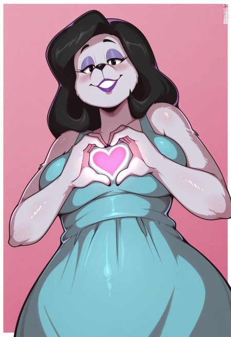 kappadoggo, , 1girl, solo, medium build, medium hair, sfw, safe for work, covered skin, flowy dress,  black eyes, purple lipgloss, smiling, portrait, upper body, heart hands, mature female, foreshortening, detailed, newest, shiny skin, cowboy angle, solo focus, furry, anthro, furry female, medium breasts,