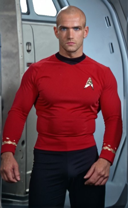 1boy, 20 year old male, Handsome, masculine, blonde, star trek, red shirt, muscle,  tall, tight shirt, wide pectorals, big shoulders, wide shoulders, muscular neck, German, standing at attention, bald, big pale blue eyes, abs, biceps, serious facial expression, phaser, hand, long bulge in his pants,
1960 black dress pants, pants,
stunf, star trek uniform, uss enterprise ncc-1701 interior background, star trek, space ship interior, 1960s TV,
