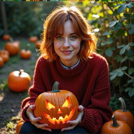 The photograph in question is a stunning production still, capturing a young woman with short red hair, dressed in a textured red wool sweater, sitting in a London garden during a sunny Halloween day.  She is holding a terrifying-looking carved pumpkin, with a red glowing from inside, in her hand.  The photograph is shot on 35mm film, providing a timeless and classic quality to the image. The lens used is sharp, rendering every detail of the scene with crisp clarity.
The photograph is taken from a low angle, looking up at the subject, creating a sense of intimacy and vulnerability. The close-up shot focuses on the subject's face and upper body, with a side profile view that showcases her candid smile and the warmth in her expressive eyes. Her green eyes are the focal point of the image, catching the light in a way that is both appealing and alluring.
The garden surrounding the subject is daytime autumn garden, with carved pumpkin all around, providing a natural and organic backdrop to the scene. The sunlight filters through the garden, casting a warm and inviting light on the subject's face. The professional lighting and color grading of the photograph enhance the clean and sharp film look, with even lighting that highlights the subject's light freckles, natural skin imperfections, and visible skin pores.
Overall, the photograph is a beautiful and evocative image that captures the spirit and personality of the young woman in a candid and authentic way. The combination of the 35mm film, sharp lens, low angle, and close-up shot creates a stunning visual that is both timeless and modern, making it a perfect production still for a movie.