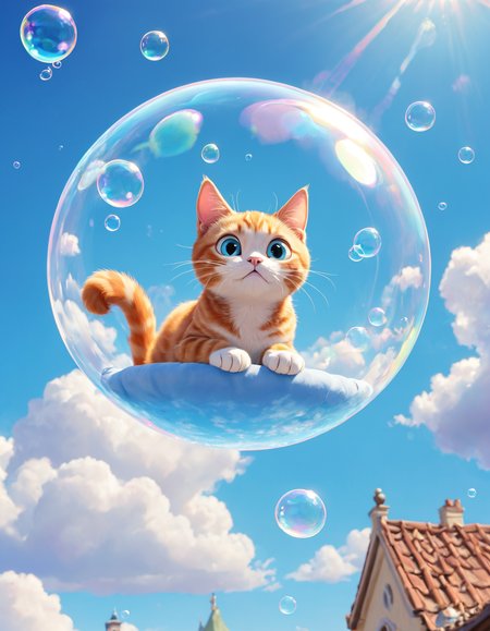 pixar style,  lots of bubble floating into the sky, a cat resting inside the bubble, blue sky, levitation, cute