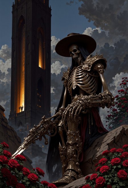 Gunslinger Skeleton in front of a slick and tall dark tower, roses surrounding