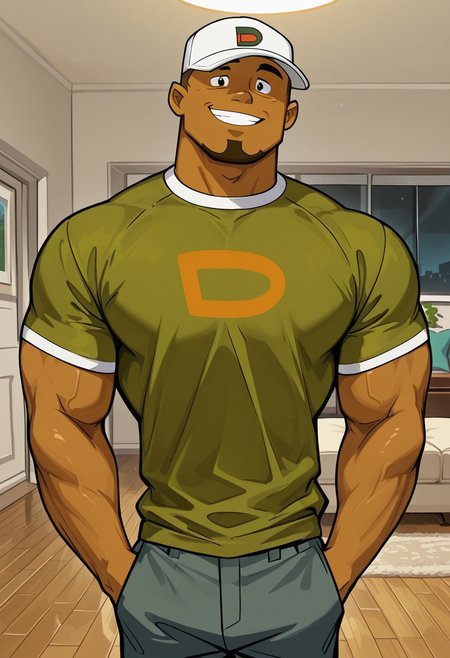 masterpiece, best quality, amazing quality, very aesthetic, absurdres, newest,  high quality, detailed, DJTDI, broad shoulders, mature male, black eyes, muscular male, cartoon style, athletic build, human, dark skin, short hair, facial hair, goatee, indoors, green shirt, modern living room, standing, half body, smiling, looking at viewer, white hat, hands in pockets