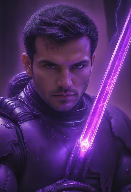 photo, 1man, closeup portrait, purple 
plasma sword