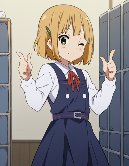 score_9, score_8_up, score_7_up, source_anime, <lora:midori-tokiwa-s1-ponyxl-lora-nochekaiser:1>, midori tokiwa, short hair, blonde hair, hair ornament, green eyes, hairclip,, school uniform, pinafore dress, ribbon, red ribbon, long sleeves, blue dress, buttons, long skirt,, gym storeroom, equipment, supplies, cleaning, storage, smile, <lora:double-finger-gun-ponyxl-lora-nochekaiser:1>, double finger gun,, blush, smile, one eye closed, from side, looking at viewer, solo,, dutch angle, cowboy shot