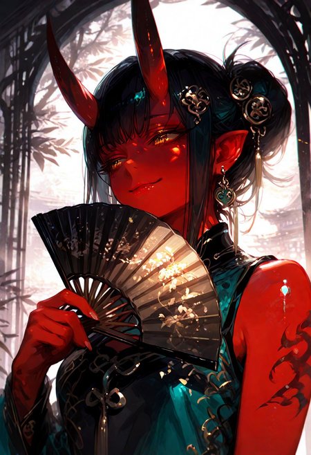 masterpiece, best quality, hyper-realistic, ultra-HD, intricate textures, luminous lighting, cinematic ambiance, shimmering gradients, ethereal glow, deep contrast, soft volumetric fog, subtle particles, radiant reflections, rich color tones, seductive atmosphere, captivating sensuality, Cinematic Lighting,Shadow,backlit, backlighting, 
BREAK
plump glossy lips, flushed cheeks, alluring expression,
BREAK
raytracing, volumetric lighting, ambient occlusion, intricate cinematic background,intimate and seductive, crafted to captivate and seduce.
BREAK
(sexy, slutty, hot, aroused)
Aka-Oni, oni, colored skin, red skin, straight horns, detail eyes, 
(Sexy lips), 
long_hair, looking_at_viewer, smile, colored eyelashes, hair_ornament, dress, holding, closed_mouth, jewelry, bare_shoulders, upper_body, earrings, hair_bun, makeup, chinese_clothes, hand_fan, folding_fan, holding_fan, cheongsam