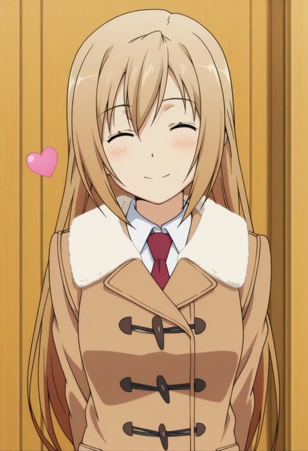 masterpiece,best quality,amazing quality, minami haruka, light brown hair, long hair, brown eyes, solo, closed eyes, heart, smile, 1girl, necktie, coat