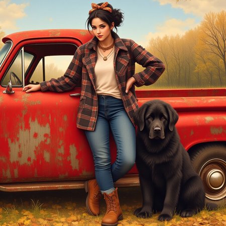 cartoon of a boujee lady with black hair in a messy bun with a fall colored bow in a bright fall plaid t-shirt and blue jeans, brown suede boots leaning on a weathered old red Studebaker truck, next to her is a  black Newfoundland puppy, with a fall background in ultra detail oil, realistic cartoon