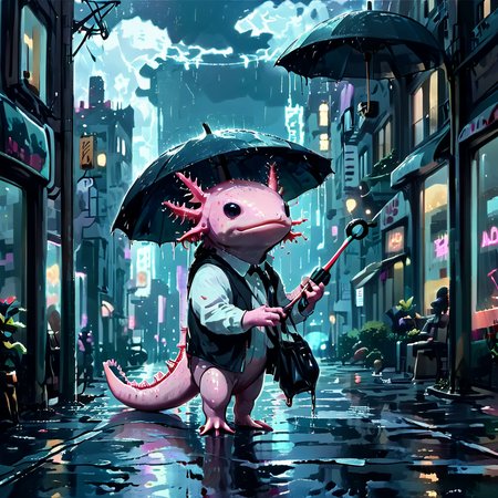 axomodelxl, axolotl holding an umbrella in a rainy city street, reflections on wet pavement, neon signs