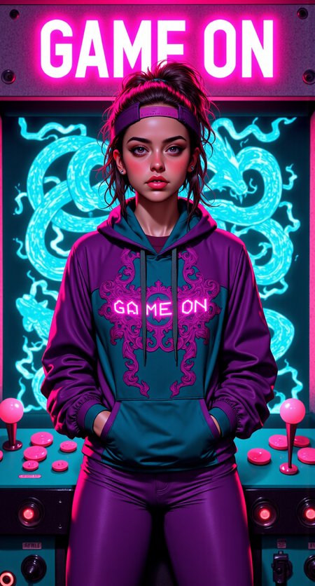 Waist-up shot of a photorealistic woman standing in front of a glowing arcade cabinet with a pixel art dragon wrapping around it. She’s wearing a shiny windbreaker in purple, teal, and hot pink, hair teased and side-swept under a backwards snapback. Her pose is confident, one hand on the joystick, the other in her pocket. A neon sign above reads “GAME ON” in flickering lights.

photorealistic, 90s neon arcade lighting, electric color contrast, teal/purple/pink palette, clean but energetic composition, stylish retro fashion, high-res textures, rad nostalgia





fmlas-mk.1, mythp0rt,