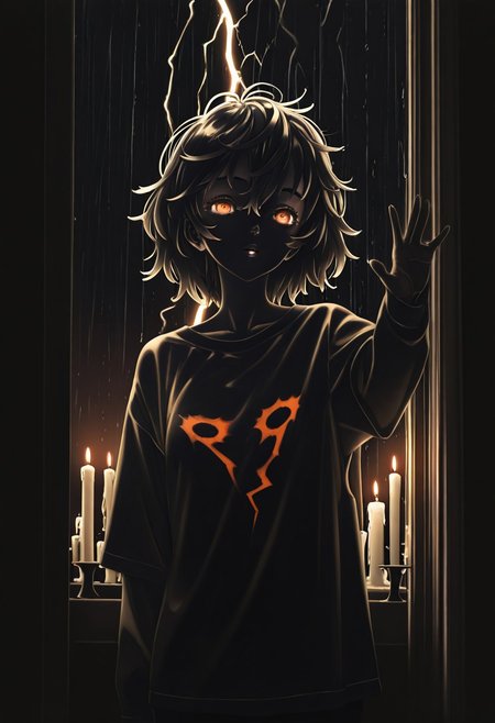 1girl, black hair, silhouette under shirt, many candles, candles in the front, candles below her, underlighting, very dark background, dark indoors, night, heavy rain,  messy hair, hand reaching window, lightning and storm outside the window, standing by the window, amber eyes, (by mizumi zumi), (by yoshida keiji), (by nishieda), masterpiece, best quality, good quality, very awa, newest, highres, absurdres, detailed facial expression, detailed eyes, (lazypos),
