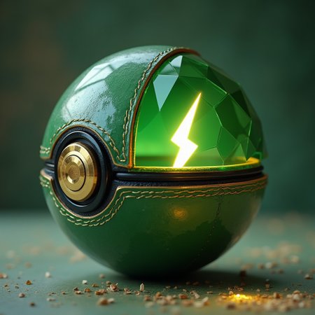 an open emerald pokeball with golden leather trim, light reflects on the inside showing off facets of the emerald pokeball, 3d lightning bolt in the Pokeball, text on the Pokeball "ready to capture some buzz"