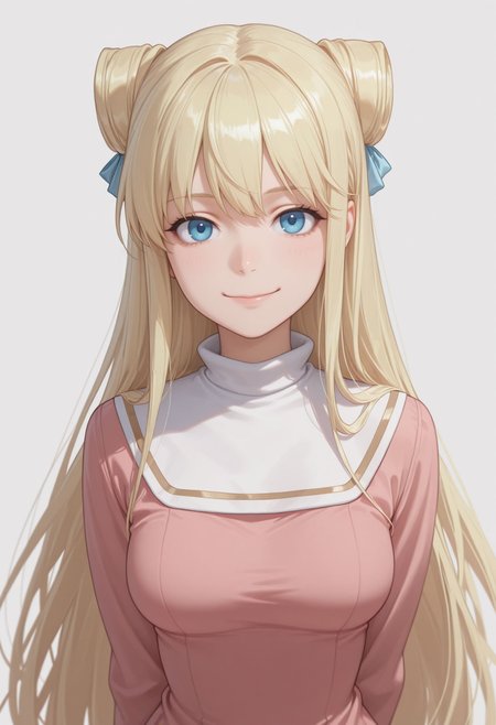masterpiece,best quality,absurdres,highres,very aesthetic,high quality,detailed,insanely detailed,beautiful, arms behind back, smile, upper body, looking at viewer, solo, simple background, white background
 <lora:Laura Stuart Illu:1> 1girl, blonde hair, long hair, blue eyes,double bun, hair bun, pink dress, long sleeves, ,