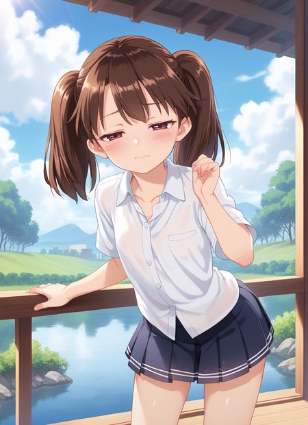 detailed background, shiny skin, posing, rating safe,  full color, 
<lora:karoti.pony:1>,
karoti, ryuujou, white shirt, pleated skirt, leaning forward, outdoors, sun, sky,
brown hair,
half-closed eyes, smug,, BREAK ,anime screencap, anime coloring,, , shiny, shiny skin, shiny hair, soft body,, BREAK ,score_9, score_8_up, score_7_up, detailed face, detailed body, best background, detailed background, uncensored,, , <lora:HandFineTuning_XL:1>,, , (5 finger:0.8),