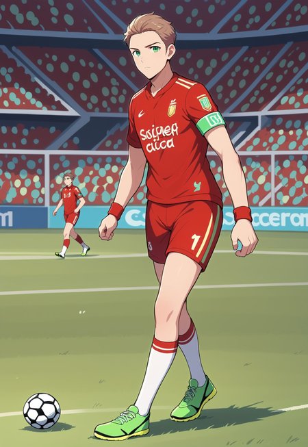safe_pos, score_9, score_8_up, score_7_up, source_anime, side view, BREAK, ( soccer_player, green eyes, light brown hair, correct hair, best eyes, serious expression, looking at viewer, red soccer shirt, jade green armband, red soccer shorts, red and white soccer socks, black soccer boots with jade green soles, playing soccer, jogging, ) 1boy, male focus, solo, BREAK, soccer ball in corner of shot, soccer pitch, grass, soccer stadium, crowd, floodlights, 