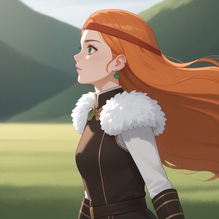 score_9, score_8, score_9, BREAK, solo, ylva, orange hair, long hair, headband, green eyes, earrings, outdoors, natural lighting, hair blowing in the wind
