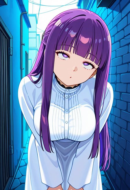 masterpiece, best quality, highres,(crossed eyes:1.5),(rolling eyes:1.2),wide eyed,o,head tilt,Alley,midnight,  (leaning forward:1.5), 1girl, solo, Fern (Sousou no Frieren),purple hair, long hair, bright pupils, blunt bangs, cross3d_3y3s, crossed_eyes, empty_eyes,  <lora:Crossed_eyes_-_Hypnosis_-_Illustrious:1.5>