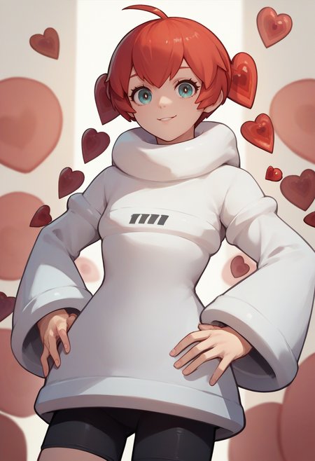 score_9, score_8_up, score_7_up, source_anime, solo, 1girl, p5sophia, smile, looking at viewer, hands on own hips, ahoge, detached hair, heart, white hoodie, long sleeves, black shorts, bike shorts <lora:persona5_sophia_ponyXL:1>