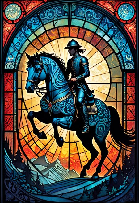 horsetrot (rubber stamp/postage stamp/woodblock print optical illusion holography  lines art illustration figures  fairytale double exposure. two parts in one art.  , fantasy, fairytale, silhouetted  modern dynamic poster, rich deep colors  comic style art on a cracked paper , fantasy,  close up filigree gracious  transparent  music, notes, music in the air,  silhouette close macro portrait, ,  night.  , dynamic pose, light on face, shadow play, perfect face, sharp  glowing eyes, by  James Jean, Craola, ,  Andy Kehoe, Dorian Vallejo,, Damian Lechoszest, Todd Lockwood, patchwork, stained glass,  storybook illustration, highly detailed unusual  beautiful details, intricated, intricated pose, tiny details masterpiece, high quality, intricated lighting, luminism, attention grabbing colors (masterclass) (female rider)