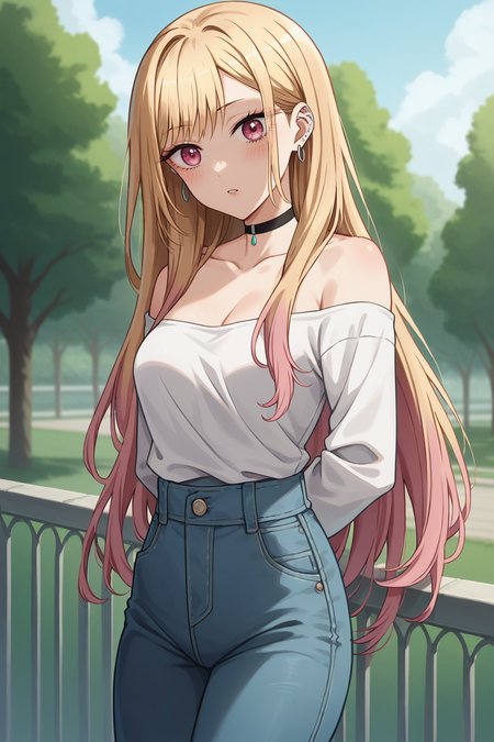 score_9, score_8_up, score_7_up, 1girl, prefect lighting, very aesthetic, intricate details, highly detailed background, masterpiece, high quality, prefect hands, best quality, solo, 
<lora:Marin_Dress_up_Darling_V2:.85>, KJOmarin, blonde hair, long hair, pink eyes, earrings, ear piercing, multicolored hair, 
white shirt, off shoulder, high waist jeans, choker, 
arms behind back, head tilt, blush, parted lips, confused, 
outdoors, sunny, tree, park, 
(Beautiful, medium Breasts:1.2), natural breasts,