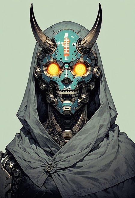 score_9, score_8_up, score_7_up, score_6_up, source_anime, lineart, B0ld01lp41nt, 
solo, 1head, forest green helmet, no humans, glowing mechanical eyes, spiral horns, oni teeth, robot, mecha, beaten brown cloak, science fiction, cyborg, mechanical parts, humanoid robot, 
science fiction, sinozick style, flat color, dark theme, Expressiveh, l0g0, simple background