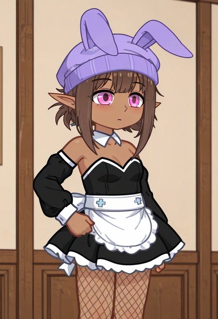 masterpiece ,best quality, amazing quality, Pel4menytop451,Pel4menytop451Gacha, gacha, 1girl, dark skin, brown hair, purple hat, hat with bunny ears, pink eyes, elf ears, black dress with white trim, maid_apron, sleeves, fishnet tights, detached sleeves