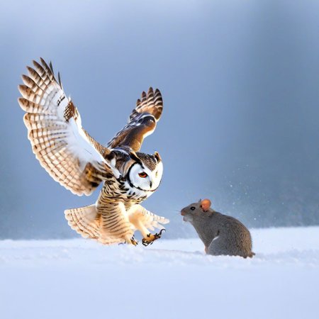 Action shot of an owl catching a rat. Finishing move. Ripple effect in the snow.