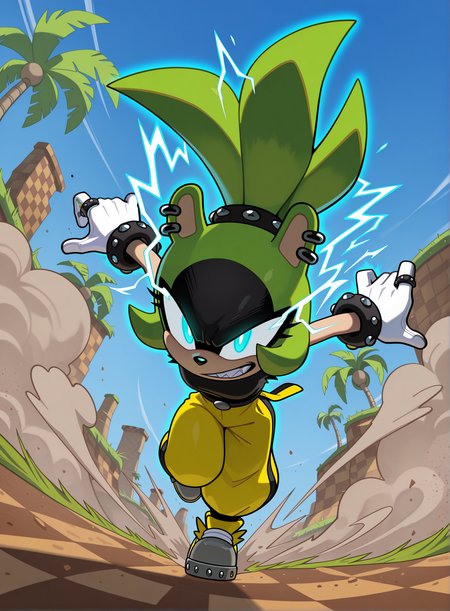 1girl, solo, full body, no humans,
<lora:Surge-the-Tenrec_v4:1> surge the tenrec, black face, aqua eyes, topknot, piercing, earrings, studded bracelet, studded hair tie,
white gloves, ring, black shirt, torn sleeves, yellow pants, baggy pants, belt, grey sneakers, yellow sneakers,
glowing eyes, evil grin, bright pupils, electricity, aura, running, dust cloud,
<lora:Green_Hill_Zone-IL:1> gr33nh1ll, outdoors, blue sky, palm tree, grass, water, checkered dirt,
<lora:DynamicPoseIL2att_alpha1.0_rank4_noxattn_900steps:1> dynamic pose, foreshortening, extreme perspective, extremely detailed, highres, masterpiece, best quality