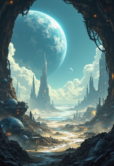 A digital painting in the style of ck-js, landscape of a futuristic sci-fi moon base, gleaming metals and ceramics, domes, cratered environment, dusty, thin haze, a large planet dominating the skyline