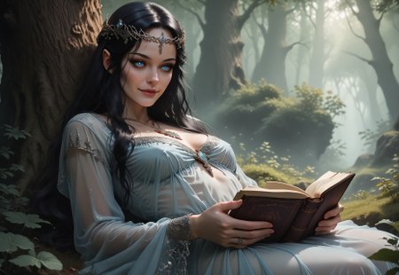 safe_pos, score_9, score_8_up, score_7_up, (1girl), 18 years old, sinozick style, Arwen_Undómiel, Arwen_(Lord_of_the_Rings), tolkien's_legendarium, tall, thin, sexy, lithe, graceful, Arwen, elf, Evenstar, evenstar_pendant, pendant, jewelry , circlet, jewelry, hair_ornament, blue eyes, black hair, long hair, sidelocks, sexy blue see-through gown, laying (against a tree) in a forest glade, reading a book, from below, detailed, realistic, detailed face, soft skin, subtle smile, medium breasts, sagging breasts, breasts apart, thigh gap, edge lighting, volumetric lighting, hyper resolution, perfect shadows, perfect lighting, beautiful, vivid colors, masterpiece, best quality, highly detailed, (medium distance), (dynamic pose),(lothlorien scenery, fantasy forest), rich, dynamic, immersive, 