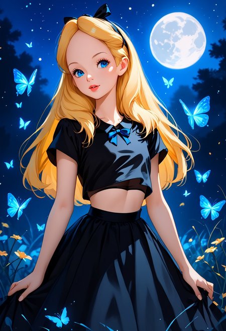 score_9, score_8_up, score_7_up, score_6_up, score_5_up, score_4_up, the starry sky, 1 moon, Night, 1girl, looking at viewer, glowing blue butterflies, verybadimagenegative_v1.3, By bad artist, 748cmstyle, Alice, 1girl, solo, blonde hair, long hair, blue eyes, headband, ribbon hairbow, black mary janes, (black crop top:1.9), (black crop skirt:1.4)