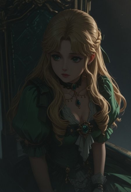 audreyhall, 1girl, solo, green eyes, blonde hair, long hair, bangs, french braid, half updo, choker, hair ribbon, lipstick, makeup, hair bow, cleavage, jewelry, necklace, white gloves, green dress, brooch, puffy short sleeves,
looking at viewer, upper body, looking to the side, light particles, white background, backlighting, gradient background, black background, sitting, chair throne, fog, mystery ambience,
masterwork, masterpiece, best quality,  detailed, depth of field, , high detail, best quality, very aesthetic, 8k, dynamic pose, depth of field, dynamic angle,