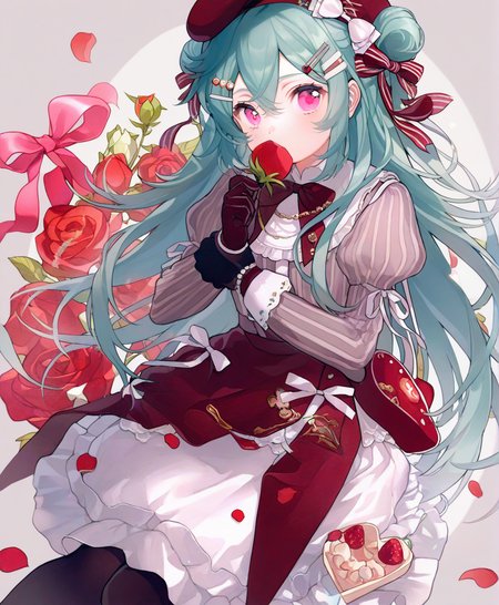 beautiful,amazing,detailed eyes,(((masterpiece))),1girl,solo,upper body,1girl,flower,solo,rose,aqua hair,red flower,long hair,gloves,red rose,hair ornament,holding,hair bun,long sleeves,bow,petals,hat,looking at viewer,hairclip,pantyhose,puffy sleeves,ribbon,fruit,skirt,juliet sleeves,striped shirt,bag,shirt,strawberry,grey shirt,frills,pink eyes,vertical-striped shirt,holding flower,striped,heart,white background,food,white bow,hair bow,white skirt,bangs,vertical stripes,hair ribbon,black pantyhose,brown gloves,simple background,hair between eyes,bowtie,black gloves,very long hair,single hair bun,