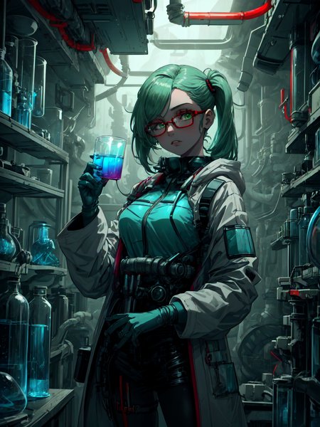 best quality,<lora:add_detail:0.3>, (1girl, solo, adult female, mature female), <lora:detailed_eyes:1>, <lora:concept_goodHands:1>, green hair, half-up half-down hairstyle, jade eyes, 
 <lora:style_pastTech_(plasttech--synthetic--scifi):0.9>, plasttech, synthetic, scifi, 
plasttech lab coat, white room, plasttech laboratory, beakers, microscopes, glasses, waist