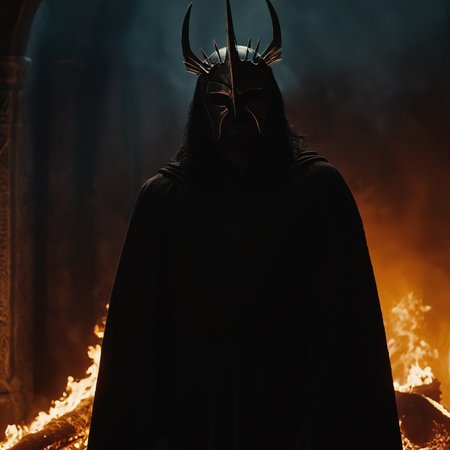 cinematic film still of  <lora:The Lord of the Rings style v2:1>
In a Fantasy Middle-earth world in the dark ages Sauron Mairon Annatar a silhouette demonic person with a face fully covered in a metallic demonic armor in a dark robe standing in front of a fire,primary antagonist,ultimate evil,ruler of Mordor,The Dark Lord,Necromancer,solo,1boy,standing,male focus,from behind,glowing,crown,1other,silhouette , dramatic light, dramatic shadow light, film contrast, cinematic film color, cinematic film look, filmic, realistic, realism, perfection, perfect, movie still, fantasy drama, epic drama, fictional, Age of Wonders, Age of Empires, warriors,  Medieval style, middle ages, dungeons and dragons style, different people, different, unique, kingdoms and castles, violent, aggressive, detailed, perfection, detailed face, detailed body, detailed hands, detailed eyes, sharp, horror themed, dark themed, epic fantasy adventure film style, Legendary, mythical, The Lord of the Rings style, shallow depth of field, vignette, highly detailed, high budget, bokeh, cinemascope, moody, epic, gorgeous, film grain, grainy