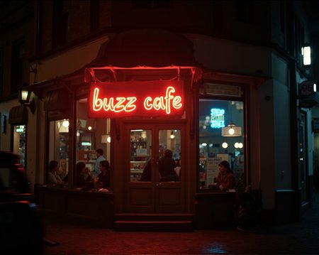 cinematic film still cinematic photo coffee house in the city centre and its sign says "buzz cafe" in neon.night
 . 35mm photograph, film, bokeh, professional, 4k, highly detailed . shallow depth of field, vignette, highly detailed, high budget, bokeh, cinemascope, moody, epic, gorgeous, film grain, grainy