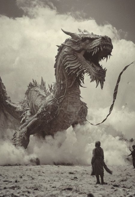 Bosstyle, a Woman fighting a giant dragon-kite Boss By Wes Anderson and HR giger: Capture the essence of nostalgia and color in this vintage photograph of a kite festival. Dominating the scene is a meticulously detailed translucent dark-red translucent dragon-kite, adorned with vibrant patterns, flying proudly against the wind. Its long tail trails behind, composed of intricately woven ribbons, adding to the spectacle of the moment.
Amidst the quietude of the night, his presence exudes a sense of ancestral strength and resilience. Behind him, the low-toned hues of the Milky Way cast a mesmerizing backdrop, a cosmic tapestry weaving tales of both past and future. In this moment, the convergence of tradition and technology, of ancient wisdom and industrial progress, hangs palpably in the air.
In the depths of this nocturnal tableau lies the promise of epic tales yet untold, where the spirit of the Indianer melds seamlessly with the diesel-powered pulse of a world in flux.
