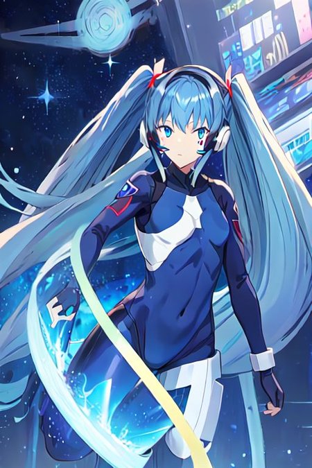 solo, 1girl, solo_focus, 
hermit mio, long hair, blue eyes, twintails, very long hair, blue hair, facial mark,, headphones, gloves, bodysuit, covered navel, pilot suit,
