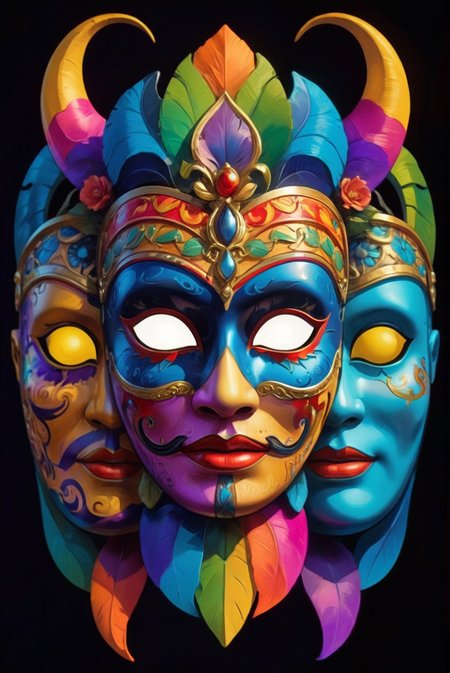 Colorful theatrical masks, cultural festival, vibrant colors, detailed patterns, surreal, fantasy, high resolution, best quality, photorealistic, whimsical, artistic, dynamic composition, lively atmosphere, rich textures, cultural heritage, storytelling, intricate designs, festival lights.
<lora:add-detail-xl:1.0>,
<lora:EnvyBetterHiresFixXL01:1.0>,
<lora:extremely_detailed:1.0>, extremely detailed, 
<lora:EldritchMixIllustration_1.1:0.75>,