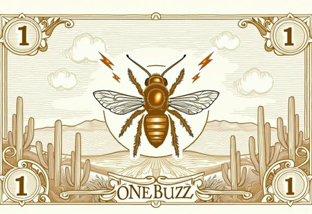 With the number "1" in each corner, (text "ONE BUZZ" printed at the bottom), (text "ONE BUZZ" printed at the top), a legal tender note fully printed with swirling detailed engraving, a bee surrounded by thunder bolt symbols, bright clear bee, in the desert with cactus and mountains and a detailed sky puffy clouds, an expansive picture, all bordered with decorative etching on a legal tender note, photograph with realistic paper texture. DollarStyle.